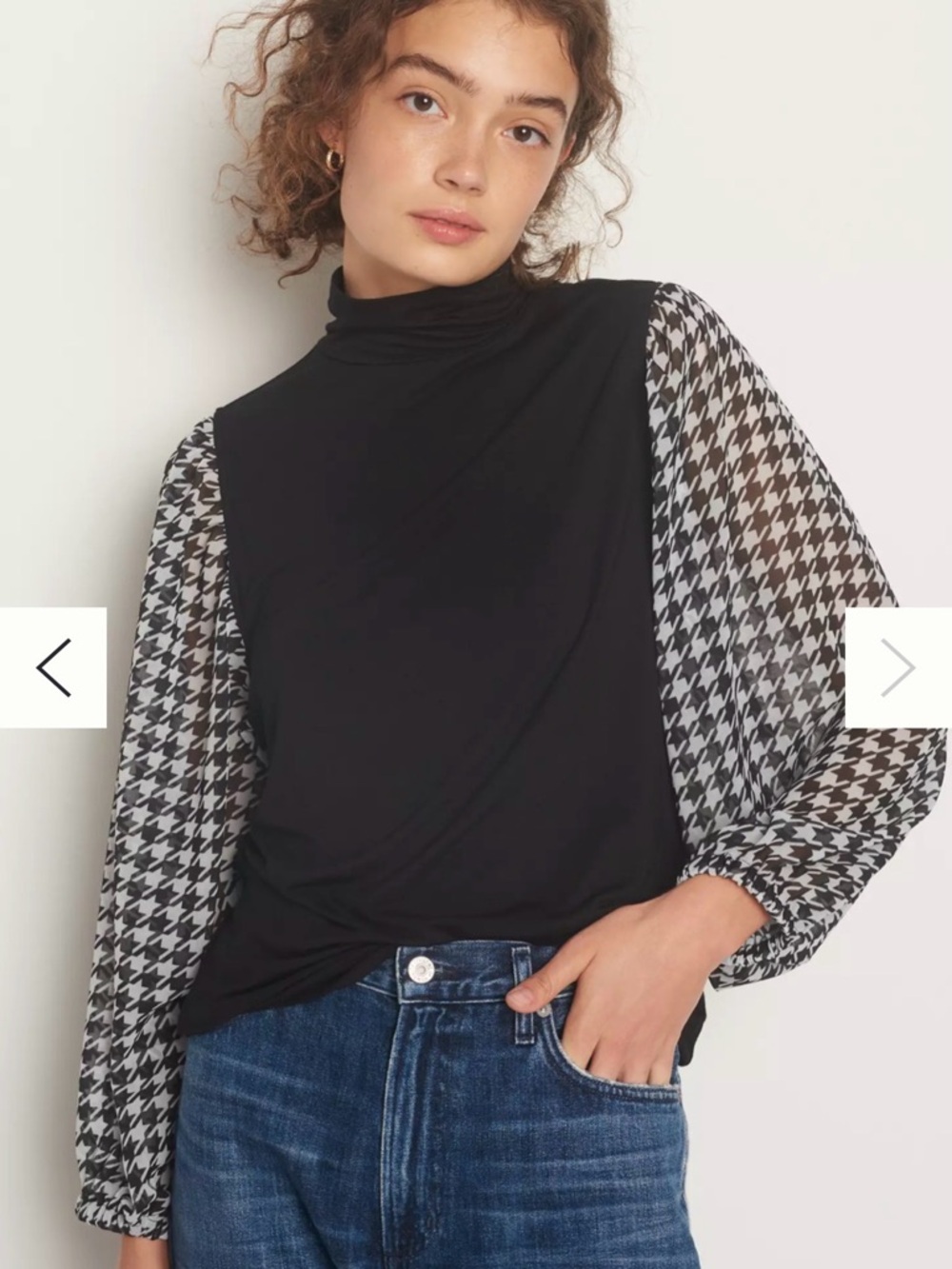 Black Mock Neck Top with Houndstooth Sheer Sleeves, Nina Houndstooth